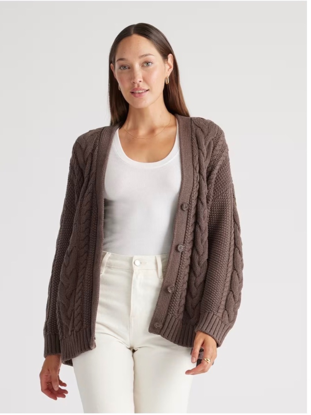 Quince Cable Cardigan - Heather Brown - Size XL